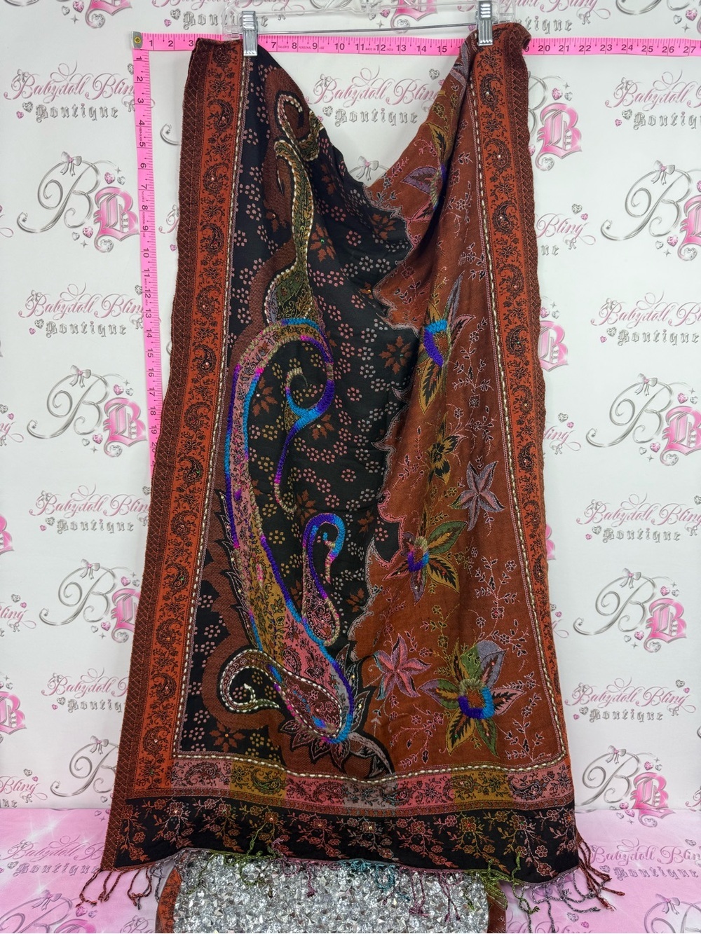 Lila scarf tassles Bohemian Paisley Floral Wrap Scarf in Rust & Black